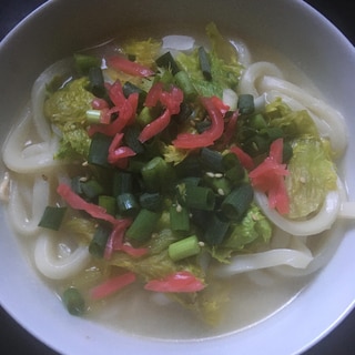 小ねぎ、わさび菜の、豚骨うどん